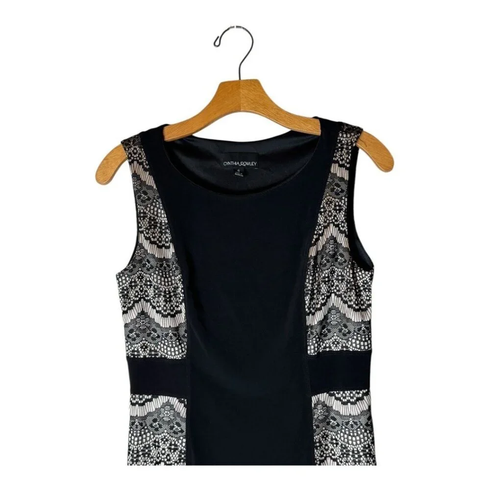 Cynthia Rowley Dress Women 6 Black Nude Lace Jersey Knit Sleeveless Sheath Party
